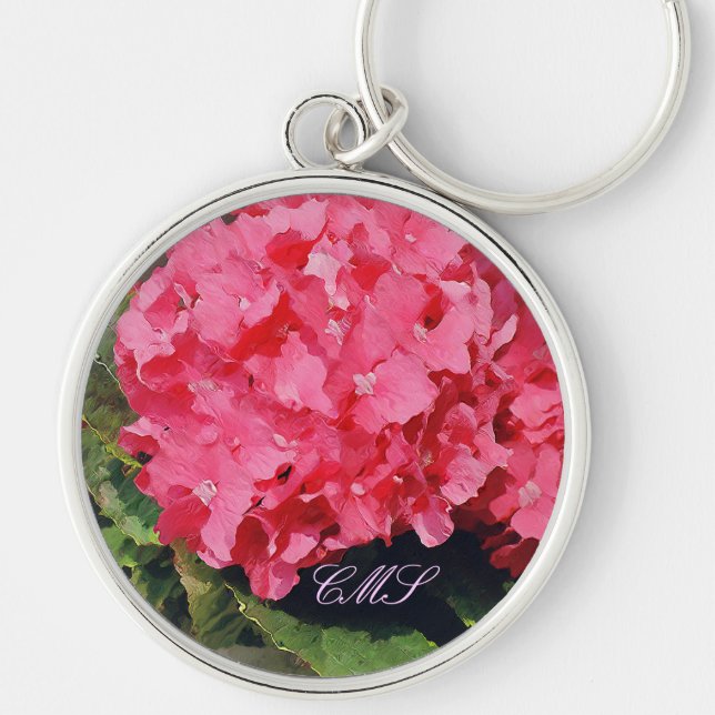 Rosa Hydrangeas Keychain Rund Silverfärgad Nyckelring (Framsidan)