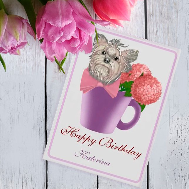 Rosa Hydrangeas och Yorkshire Terrier Birthday Meddelande (Skapare uppladdad)