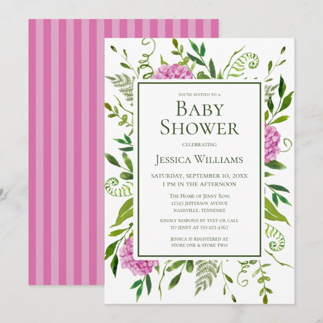 Rosa Hydrangeor Blommig Akvarell Baby Shower Inbjudningar (Fram/baksida)