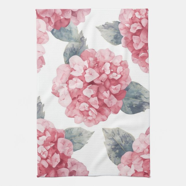 Rosa Hydrangeor Vattenfärg Blommor Målning Kökshandduk (Vertikal)