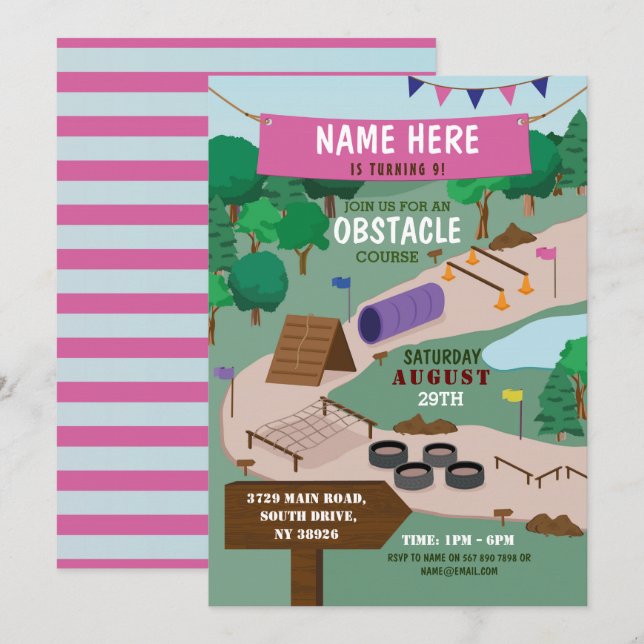 Rosa i Födelsedagsfest Äventyr Park Inbjudningar (Fram/baksida)