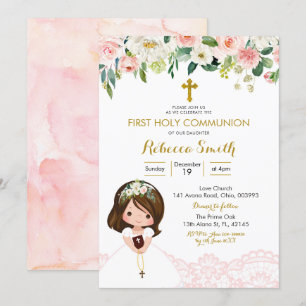 Rosa i första kommuninbjudan till Girl Snöre Blomm Inbjudningar