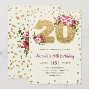 Rosa i guld Glitter 20:e födelsedagsinbjudan Inbjudningar
