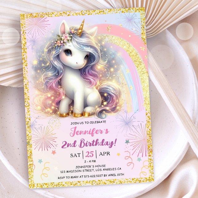 Rosa i  Guld Glitter, andra födelsedagen Party Inbjudningar (#UnicornBirthdayInvitation #UnicornBirthdayInvitationTemplate #UnicornBirthdayInvitationEditable 
)