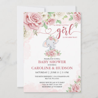 Rosa i Ro Bloom Elephant Girl Baby Shower Inbjudningar