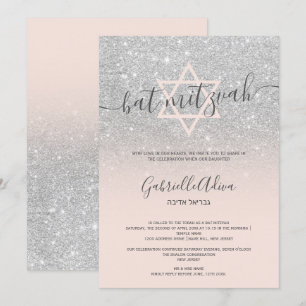 rosa i silver glitter är gigantisk bat mitzvah inbjudningar