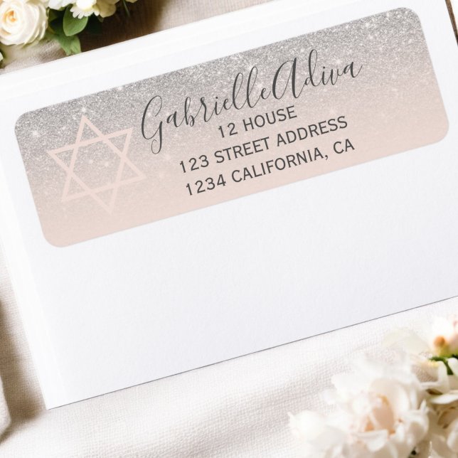  rosa i silver glitter är gigantisk bat mitzvah returadress etikett (Silver glitter blush pink girly bat mitzvah label)
