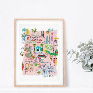 Rosa i Travel karta Kuala Lumpur Asia illustrativ Poster