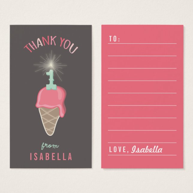 Rosa Ice Cream 1st Birthday Tack DIY Gift Märkre Visitkort (Framsida & baksida)