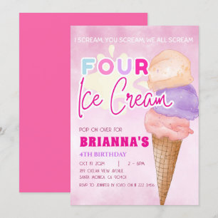 Rosa Ice Cream 4e födelsedagen Summer Girl Inbjudningar