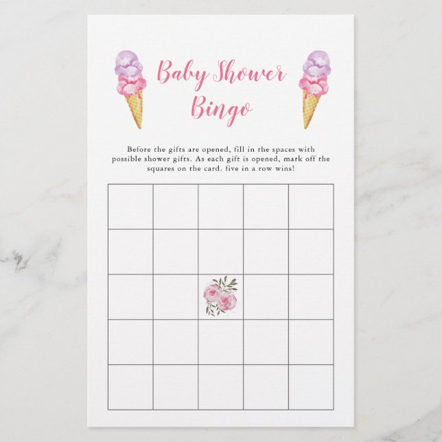 Rosa Ice Cream Baby Shower Bingo Game (Framsida)