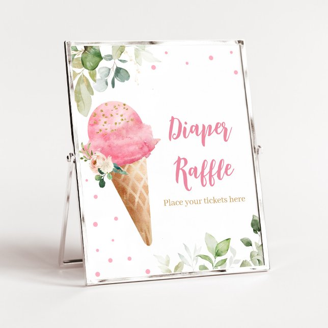 Rosa Ice Cream Baby Shower Blöja Lotteri Skylt (Girl Ice Cream Baby Shower Diaper Raffle Sign)