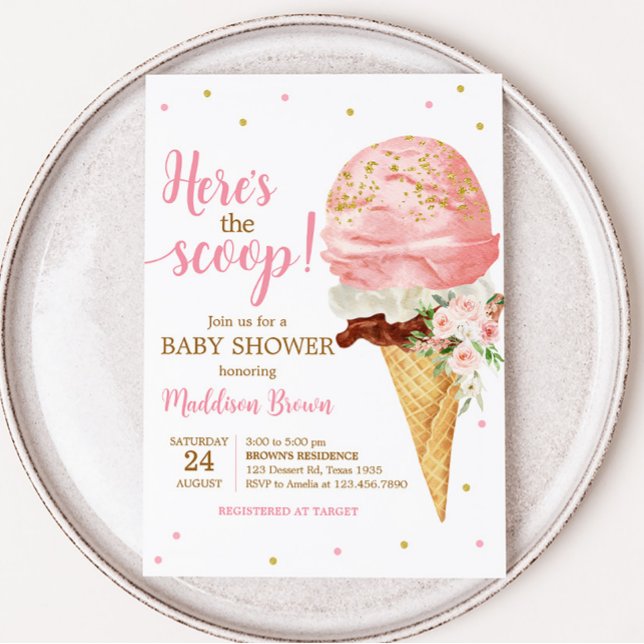 Rosa Ice Cream Baby Shower Inbjudningar (Here is the Scoop Baby Shower Invitation)