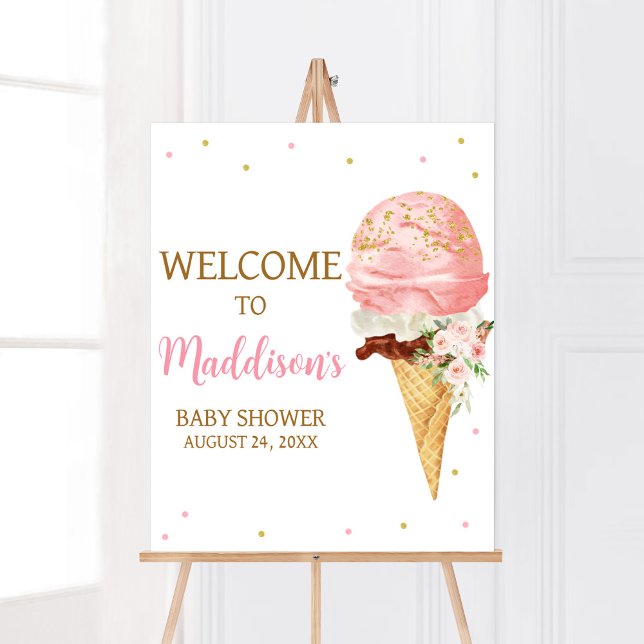 Rosa Ice Cream Baby Shower Välkommen Poster (Here is the Scoop Baby Shower Welcome Sign)