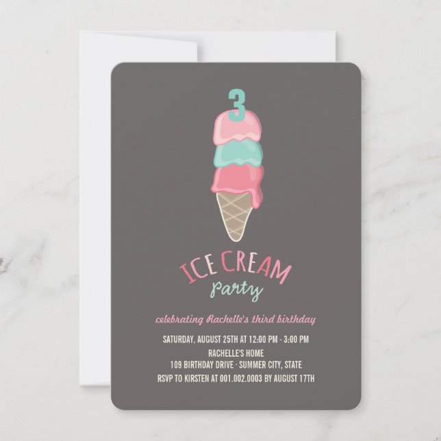 Rosa Ice Cream Cone Girl Födelsedagsfest Inbjudan (Framsida)