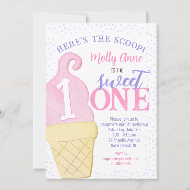 Rosa Ice Cream Cone Polka dots 1st Birthday Girl Inbjudningar (Framsida)