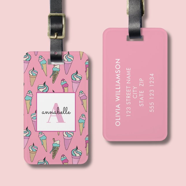 Rosa Ice Cream Cone Sommar Bagagebricka (Girls pink luggage tag with ice cream design.  Customise with you own name and details.)