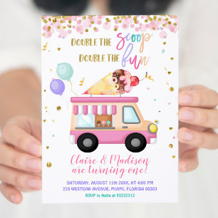 Rosa Ice Cream Dubbla The Scoop Twillingars Birday Inbjudningar