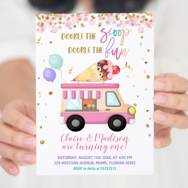 Rosa Ice Cream Dubbla The Scoop Twillingars Birday Inbjudningar (Skapare uppladdad)