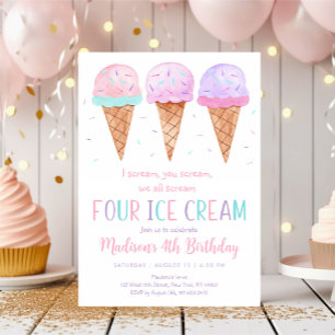 Rosa Ice Cream Fjärde födelsedagen Inbjudningar
