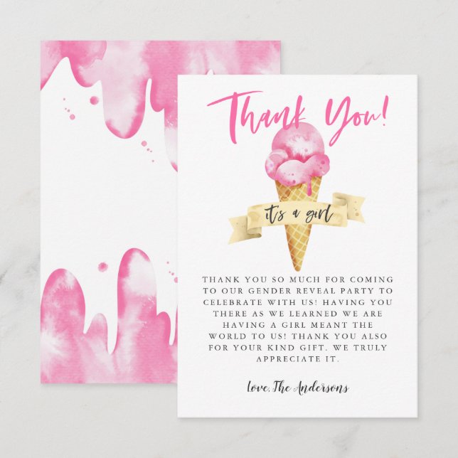 Rosa Ice Cream Girl Gender Reveal Party Tack Kort (Fram/baksida)