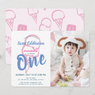 Rosa Ice Cream Girl Photo 1st Birthday Inbjudningar