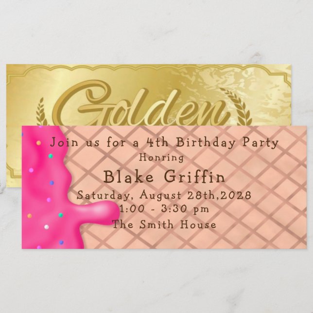 Rosa Ice Cream Golden Biljett Birthday-inbjudan Inbjudningar (Fram/baksida)