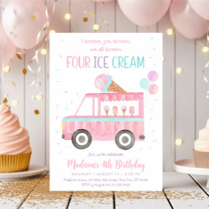 Rosa Ice Cream Lastbil Fjärde födelsedagen Inbjudningar