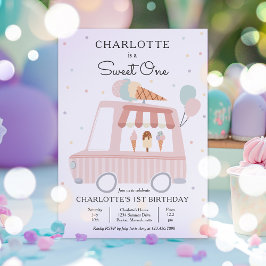Rosa Ice Cream Lastbil Sweet One 1st Birthday Part Inbjudningar