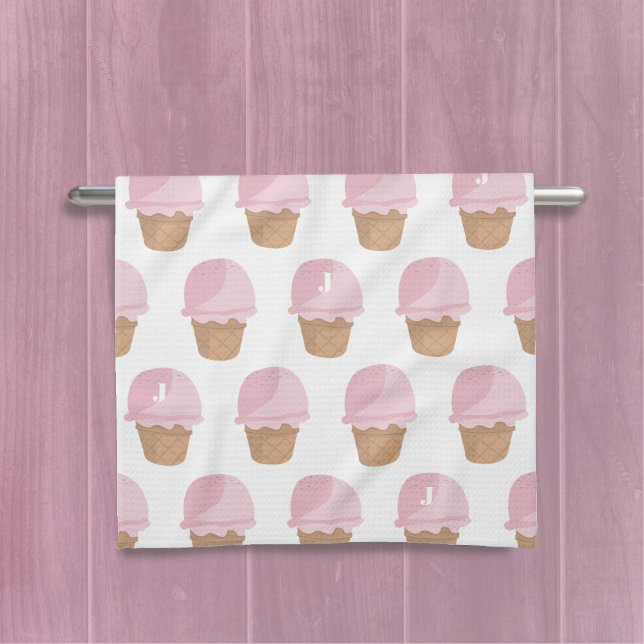 Rosa Ice Cream Mönster Monogrammed Kitchen Towel Kökshandduk (Sweet ice cream pattern kitchen towel with space for your initial)
