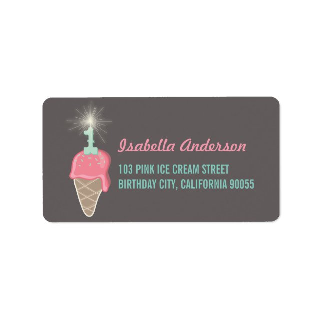 Rosa Ice Cream Sparkler Girl 1st Birthday Party Adressetikett (Framsidan)