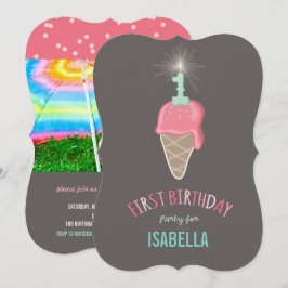 Rosa Ice Cream Sparkler Girl 1st Birthday Party Inbjudningar