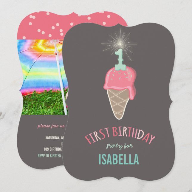 Rosa Ice Cream Sparkler Girl 1st Birthday Party Inbjudningar (Fram/baksida)