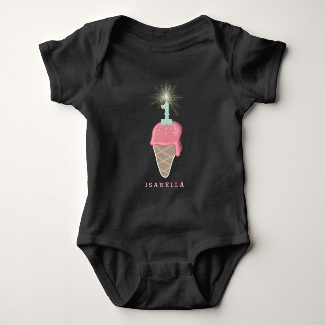 Rosa Ice Cream Sparkler Girl 1st Birthday Party Tee (Framsida)