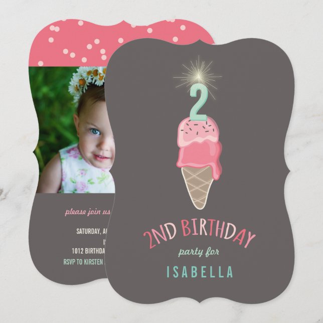 Rosa Ice Cream Sparkler Girl 2 Birthday Party Inbjudningar (Fram/baksida)