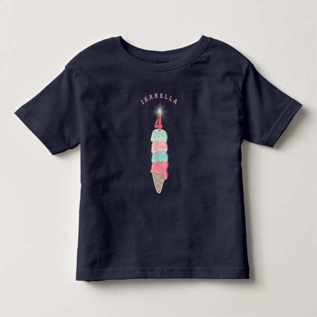 Rosa Ice Cream Sparkler Girl 4e födelsedagen Party Tee Shirt (Framsida)