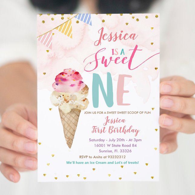 Rosa Ice Cream Sweet ONE Birthday Call Inbjudningar (Skapare uppladdad)