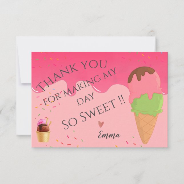 Rosa Ice Cream ThLED Girl's First Födelsedagsfest Tack Kort (Framsida)