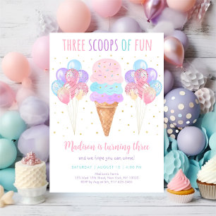 Rosa Ice Cream Tre Scoops of Roligt Birthday Inbjudningar