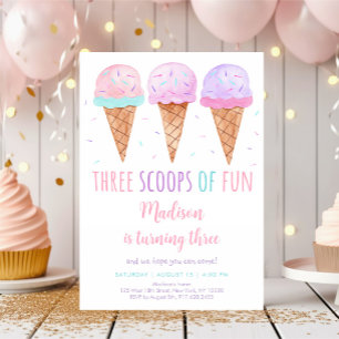 Rosa Ice Cream Tre Scoops of Roligt Birthday Inbjudningar