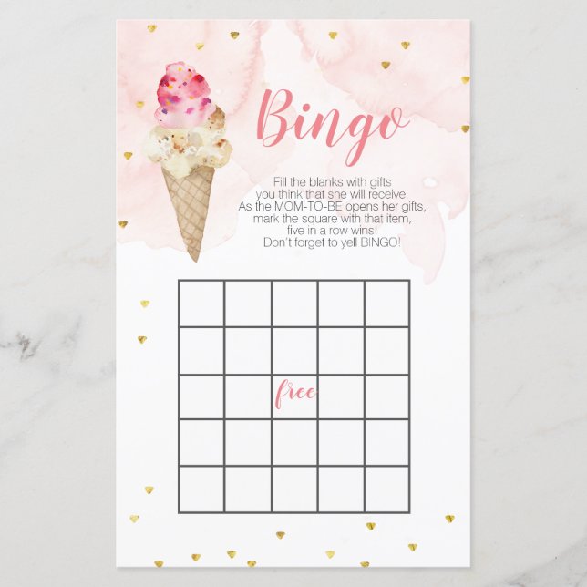 Rosa Ice kräm Guld Glitter babydusch Bingo Game (Framsida)