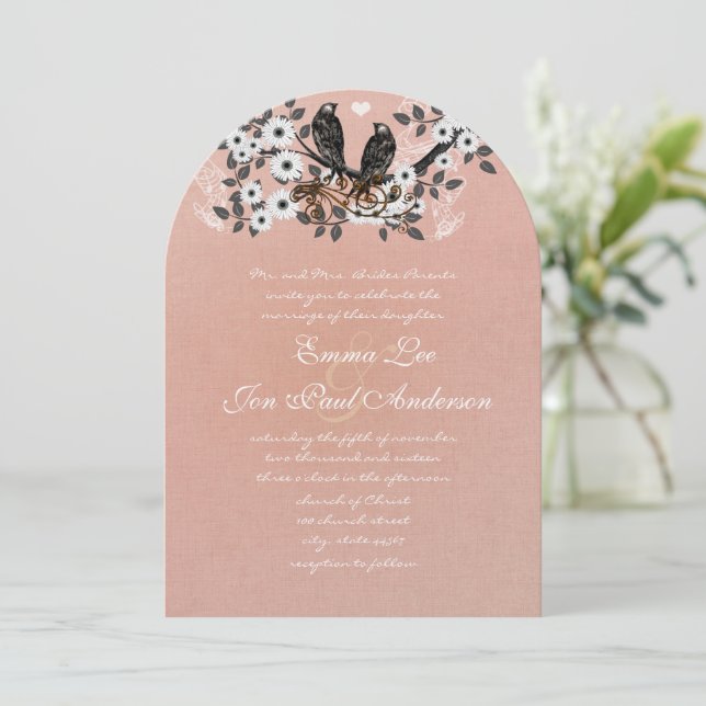 Rosa Icing Vintage Lovebird bröllop bjudande Inbjudningar (Stående Fram)