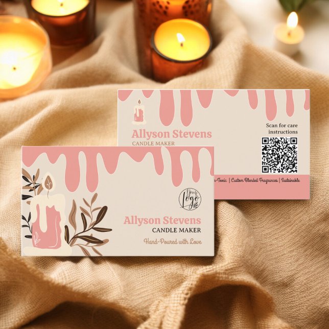 Rosa, icke-hantverksmässigt ljus, logotyp qr kod visitkort (Pink retro artisanal candle maker logo qr code business card)
