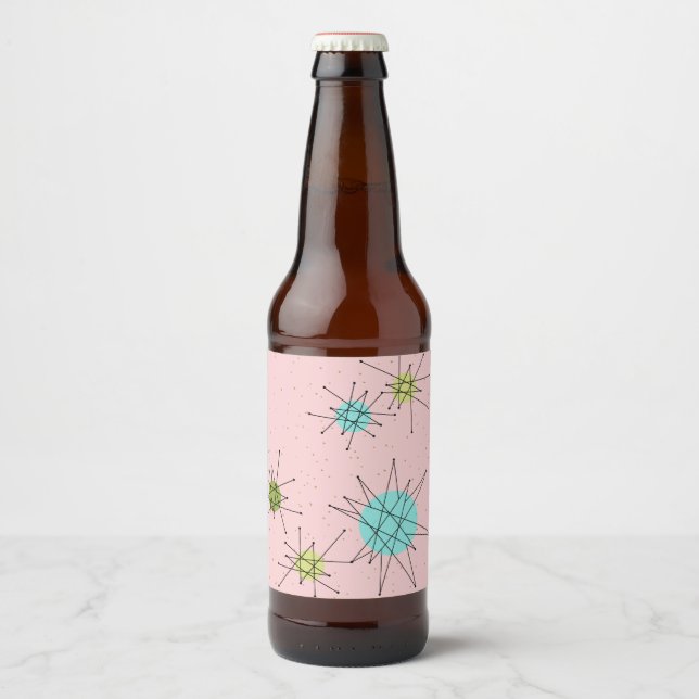 Rosa Iconic Atomic Starbursts Beer Flaska-etikett Ölflaska Etikett (Framsida)