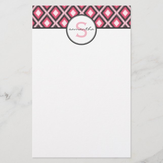 Rosa Ikat Monogram Brevpapper (Framsida)