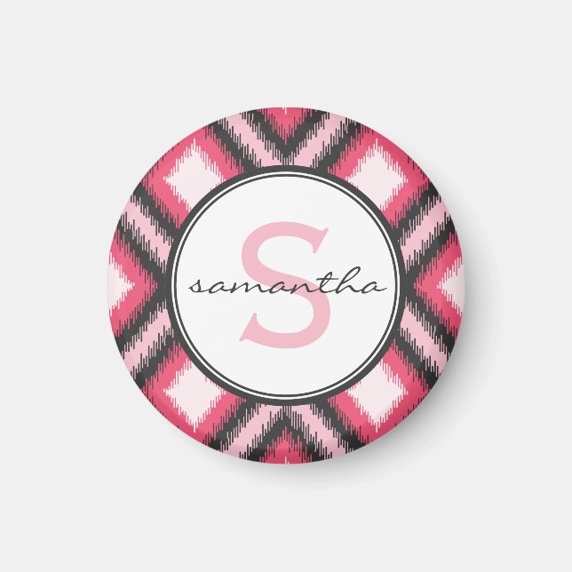 Rosa Ikat Monogram Magnet (Framsidan)