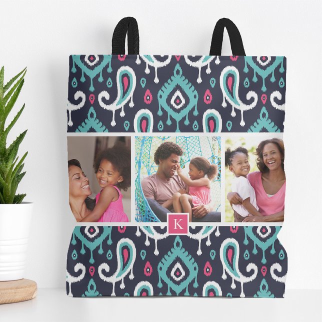 Rosa Ikat Paisley Family Photo Monogram Tygkasse (Skapare uppladdad)