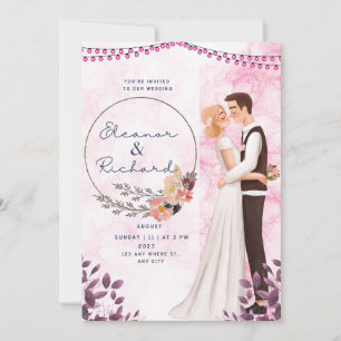 Rosa Illustrated Bride and Groom Bröllop Inbjudningar