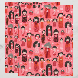 Rosa Illustrated japansk Kokeshi Scrapbook Papper