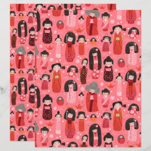 Rosa Illustrated japansk Kokeshi Scrapbook Papper